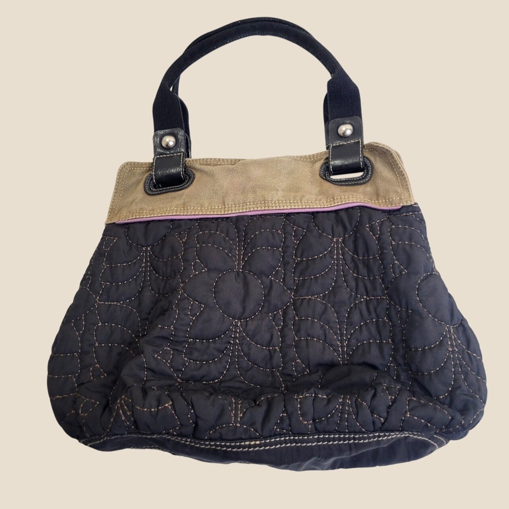 Fossil Key-Per Quilted Floral Tote Bag Boho Canvas Shoulder Handbag Black Brown